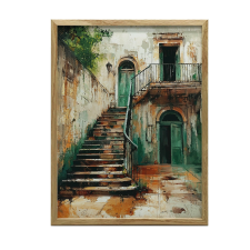  VÁSZON KÉP FALRA A RÉGI LÉPCSŐ BÁJJA ARANY KERET 40x50 CM grafika, keretezett kép