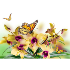  Vászonkép, MÉDIA, Pillangók és sárga orchideák, 105 x 70 cm grafika, keretezett kép