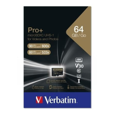 Verbatim Memóriakártya, microSDXC, 64GB, CL10/U3, 90/80 MB/s, adapter, VERBATIM &quot;PRO+&quot; memóriakártya