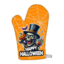  Vicces edényfogó kesztyű, Happy Halloween, koponya, mustár lakástextília
