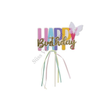 Vidám színes pillangós Happy Birthday tortadísz beszúró sütés és főzés