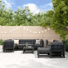 vidaXL 10 részes fekete tömör fa kerti ülőgarnitúra párnával kerti bútor