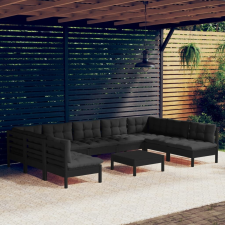 vidaXL 10 részes fekete tömör fenyőfa kerti ülőgarnitúra párnákkal kerti bútor