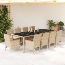 vidaXL 11 részes bézs polyrattan/üveg kerti étkezőgarnitúra párnákkal kerti bútor