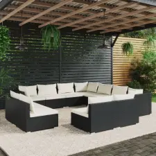 vidaXL 11 részes fekete polyrattan kerti ülőgarnitúra párnákkal kerti bútor