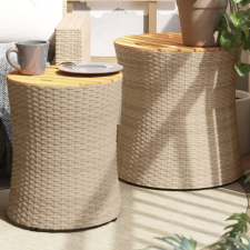 vidaXL 2 db bézs polyrattan kerti kisasztal fa asztallappal kerti bútor