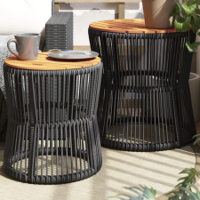vidaXL 2 db fekete polyrattan kerti kisasztal fa asztallappal kerti bútor