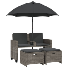 vidaXL 2 személyes szürke polyrattan kerti kanapé napernyővel/székkel (365885) kerti bútor