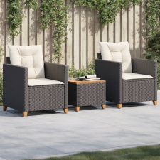vidaXL 3 részes fekete polyrattan és akácfa bisztrószett párnákkal kerti bútor