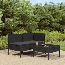 vidaXL 3 részes fekete polyrattan kerti ülőgarnitúra párnákkal kerti bútor