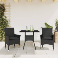 vidaXL 3 részes fekete polyrattan/üveg kerti étkezőgarnitúra párnákkal kerti bútor