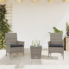 vidaXL 3 részes szürke polyrattan/üveg bisztrógarnitúra párnákkal kerti bútor