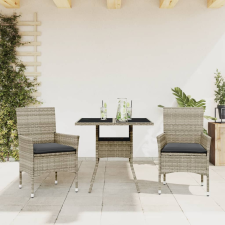 vidaXL 3 részes szürke polyrattan/üveg kerti étkezőgarnitúra párnával kerti bútor