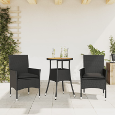 vidaXL 3részes fekete polyrattan/akácfa kerti étkezőgarnitúra párnákkal kerti bútor