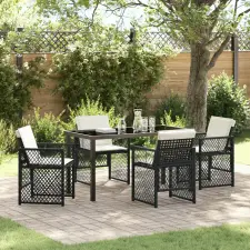 vidaXL 5 darabos Kerti Étkezőgarnitúra Párnákkal Fekete Poly Rattan kerti bútor
