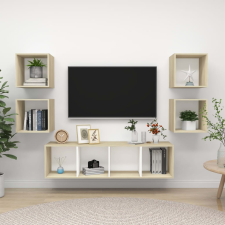 vidaXL 5 részes fehér és tölgyszínű forgácslap TV-szekrény szett bútor