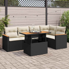 vidaXL 5 részes fekete polyrattan akácfa kerti kanapészett párnákkal kerti bútor