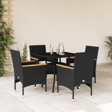 vidaXL 5 részes fekete polyrattan/üveg kerti étkezőgarnitúra párnákkal kerti bútor