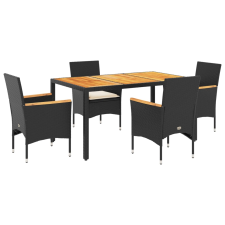 vidaXL 5részes fekete polyrattan/akácfa kerti étkezőgarnitúra párnákkal (3278629) kerti bútor