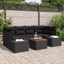 vidaXL 7 darabos Kert Sofa Szett párnákkal Fekete Poli Rattan Akác kerti bútor