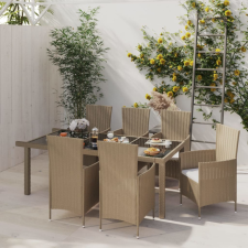 vidaXL 7 részes bézs polyrattan kültéri étkezőszett párnákkal kerti bútor