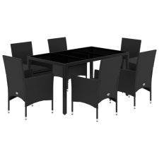 vidaXL 7 részes fekete polyrattan/üveg kerti étkezőgarnitúra párnával (3278546) kerti bútor