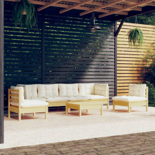 vidaXL 7 részes tömör fenyőfa kerti ülőgarnitúra krémszínű párnákkal kerti bútor