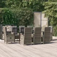 vidaXL 9 részes fekete és szürke polyrattan kerti étkezőszett párnával kerti bútor