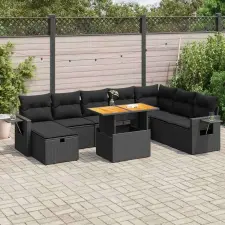 vidaXL 9 részes fekete polyrattan akácfa kerti ülőgarnitúra párnákkal kerti bútor
