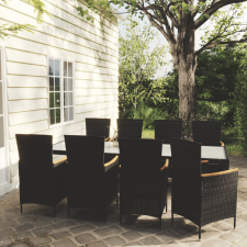 vidaXL 9 részes fekete polyrattan kültéri étkezőszett párnákkal kerti bútor