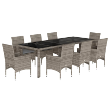 vidaXL 9 részes szürke polyrattan/üveg kerti étkezőgarnitúra párnával (3278591) kerti bútor