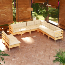 vidaXL 9 részes tömör fenyőfa kerti bútorgarnitúra krémszínű párnákkal kerti bútor