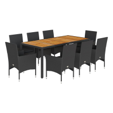 vidaXL 9részes fekete polyrattan/akácfa kerti étkezőgarnitúra párnákkal (3278674) kerti bútor