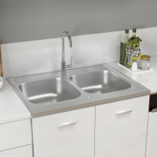 vidaXL Ezüst rozsdamentes acél kétmedencés mosogató 800 x 600 x 155 mm mosogatótálca