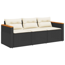 vidaXL fekete 3 személyes polyrattan kerti kanapé párnákkal (365829) kerti bútor