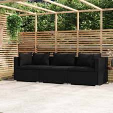 vidaXL fekete háromszemélyes polyrattan kanapé párnákkal kerti bútor