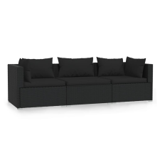 vidaXL fekete háromszemélyes polyrattan kanapé párnákkal (317522) kerti bútor
