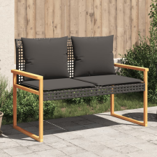 vidaXL fekete polyrattan és akácfa kerti pad párnával kerti bútor