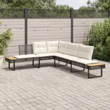 vidaXL Fekete polyrattan és akácfa L-alakú kerti kanapé párnával kerti bútor