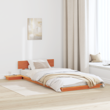 vidaXL Földi ágykeret éjjeliszekrényekkel Gyantázott barna 90x200cm Tömör fa ágy és ágykellék