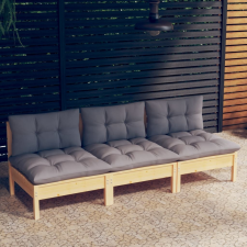 vidaXL háromszemélyes tömör fenyőfa kerti kanapé szürke párnákkal kerti bútor