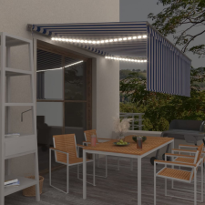 vidaXL Kék-fehér szélérzékelős, LED-es napellenző redőnnyel 4 x 3 m (3069431) kerti bútor