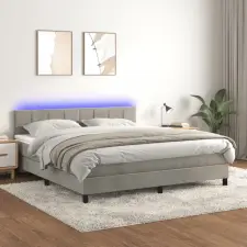  világosszürke bársony rugós és LED-es ágy matraccal 160x200 cm ágy és ágykellék