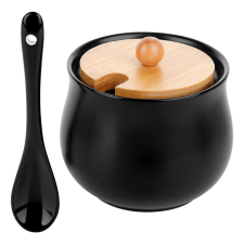 Vilde Cukortartó kanállal, kerámia és bambusz anyagokból, fekete 250ml - 9x9cm konyhai eszköz