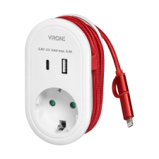 VIRONE hálózati elosztó adapter, telefontöltő schuko + USB A+C, USB C + lightning kábel hosszabbító, elosztó