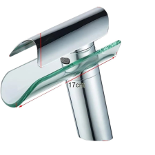  Vízesés csaptelep, egykaros kivitel, modern üveg kifolyó, ezüst csaptelep