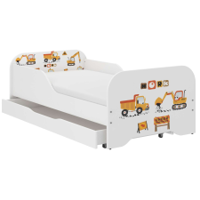Wooden Toys MIKI gyerekágy, 140x70cm,  matraccal és ágyneműtartóval,  Építési terület minta, fehér ágy és ágykellék