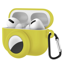 Wooze Bluetooth fülhallgató töltőtok tartó, szilikon, karabiner, AirTag tartóval, Apple AirPods Pro kompatibilis, Wooze AirTag Follow AirPods, sárga audió kellék