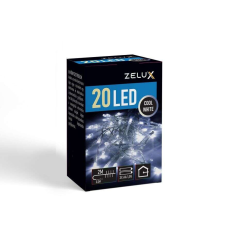Zelux hideg fehér, elemes LED Fényfüzér 20db izzóval 2,3m karácsonyfa izzósor