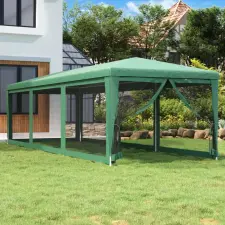  Zöld HDPE rendezvénysátor 8 hálós oldalfallal 3x9 m kerti tárolás